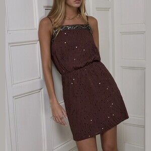 Brown Swirl Sequin Sparkle Trim Square Neck Spaghetti Strap Mini Dress